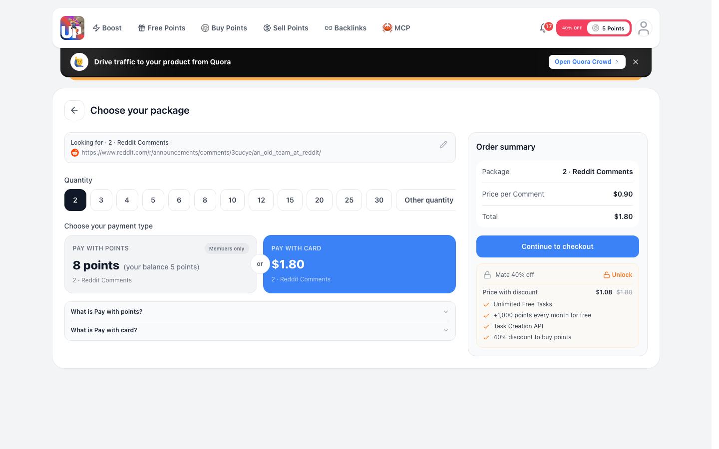 Step 5: Review and pay for Reddit comments on Upvote.club