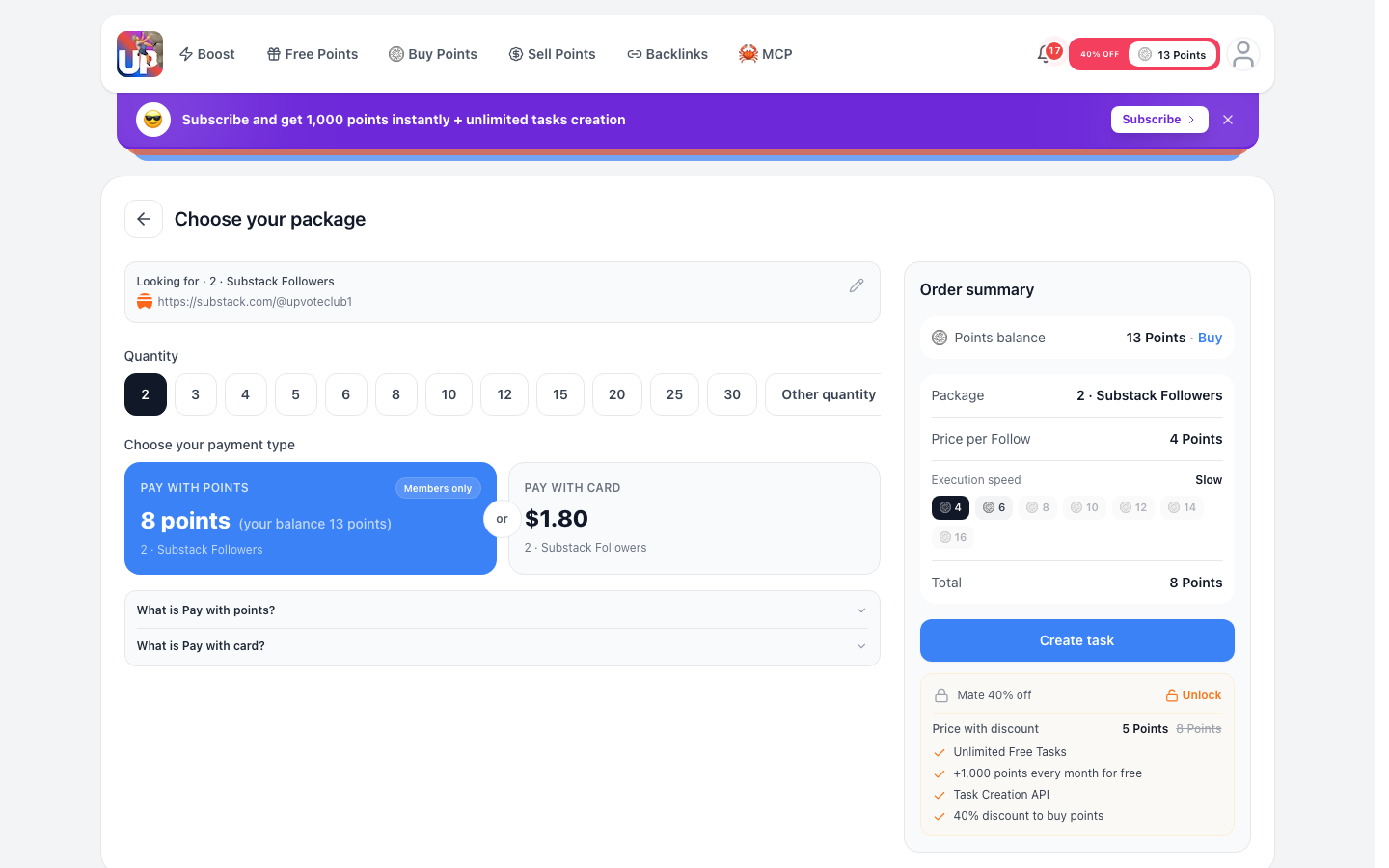 Step 4: Choose Substack followers quantity in cart