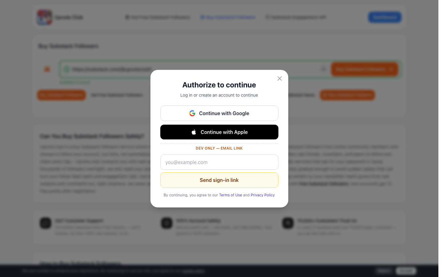 Step 2: Create Upvote.club account with Google or Apple