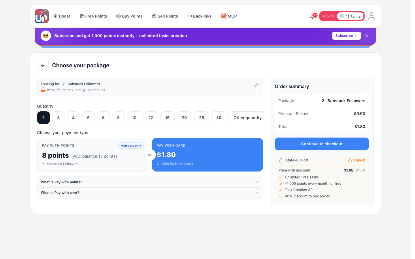Step 5: Review and pay for Substack followers on Upvote.club