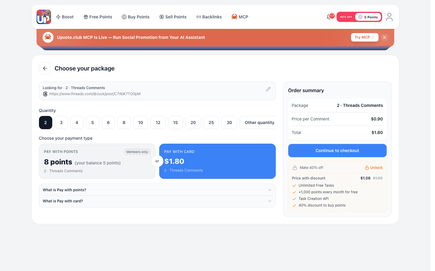 Step 5: Review the Threads comments order before Stripe checkout