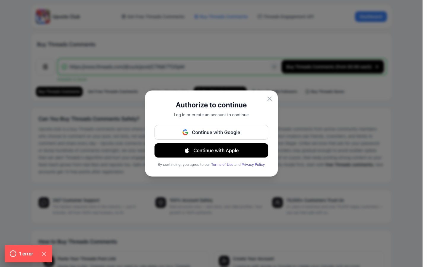 Step 2: Create an Upvote.club account with Apple or Google