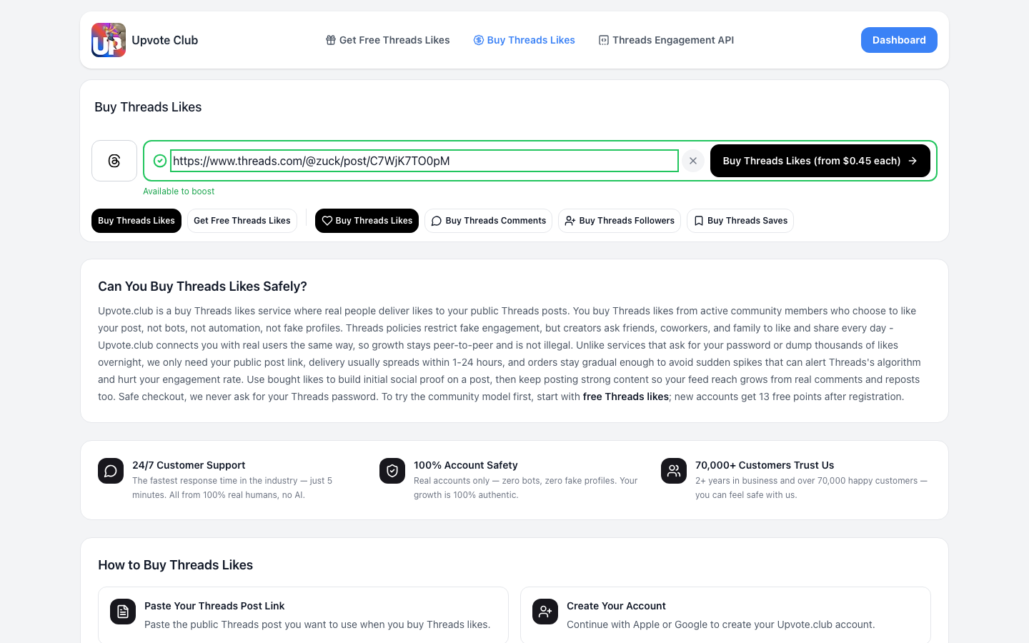 Step 1: Paste Threads post link on Upvote.club