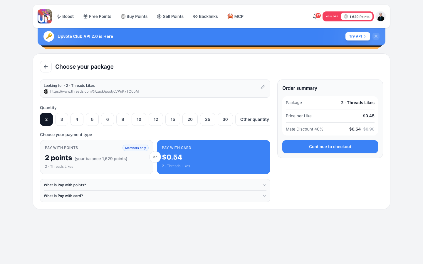 Step 5: Review and pay for Threads likes on Upvote.club