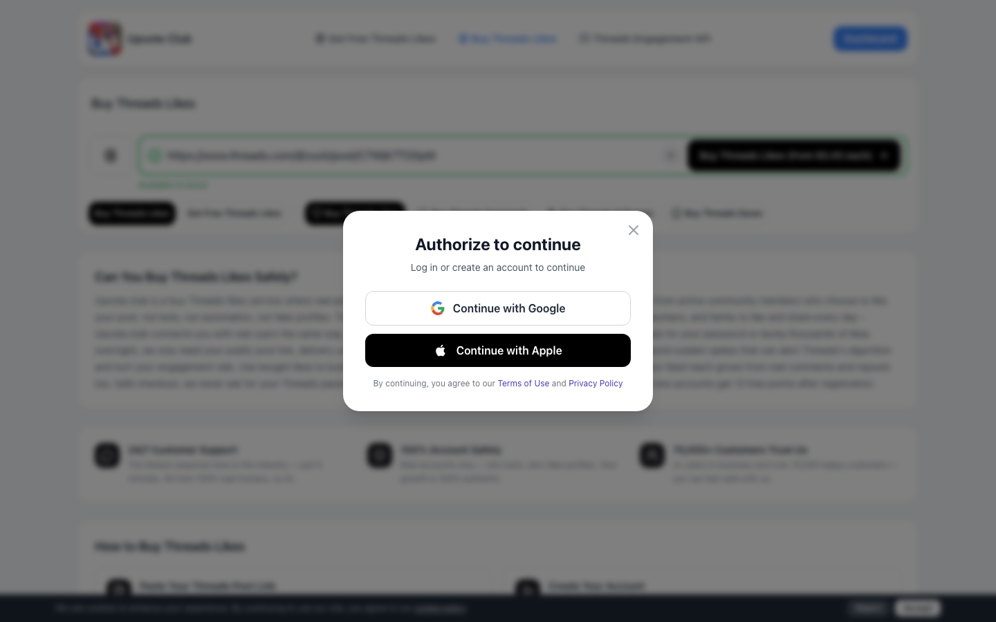 Step 2: Create account with Google or Apple on Upvote.club