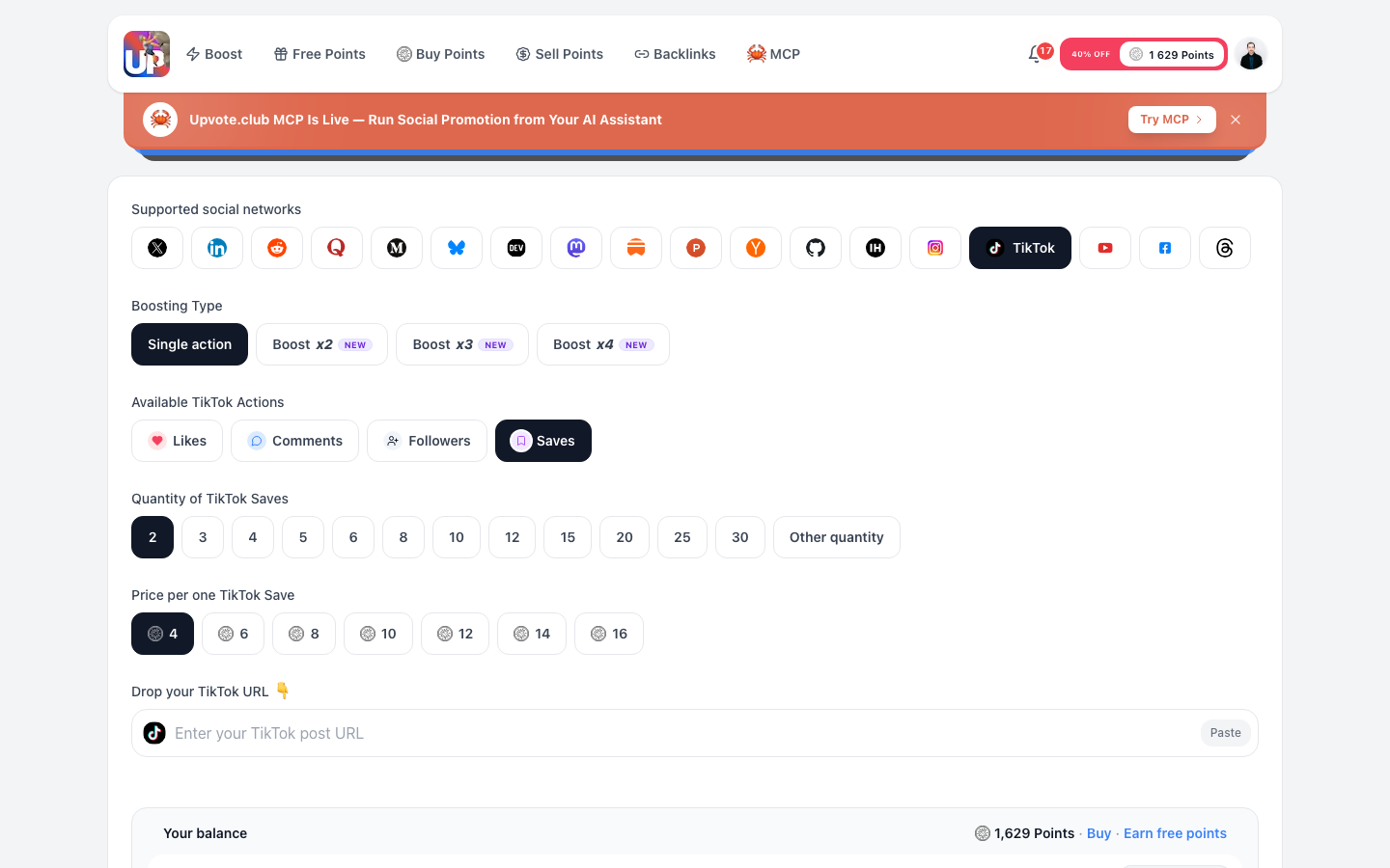 Step 5: Choose TikTok saves quantity on Upvote.club