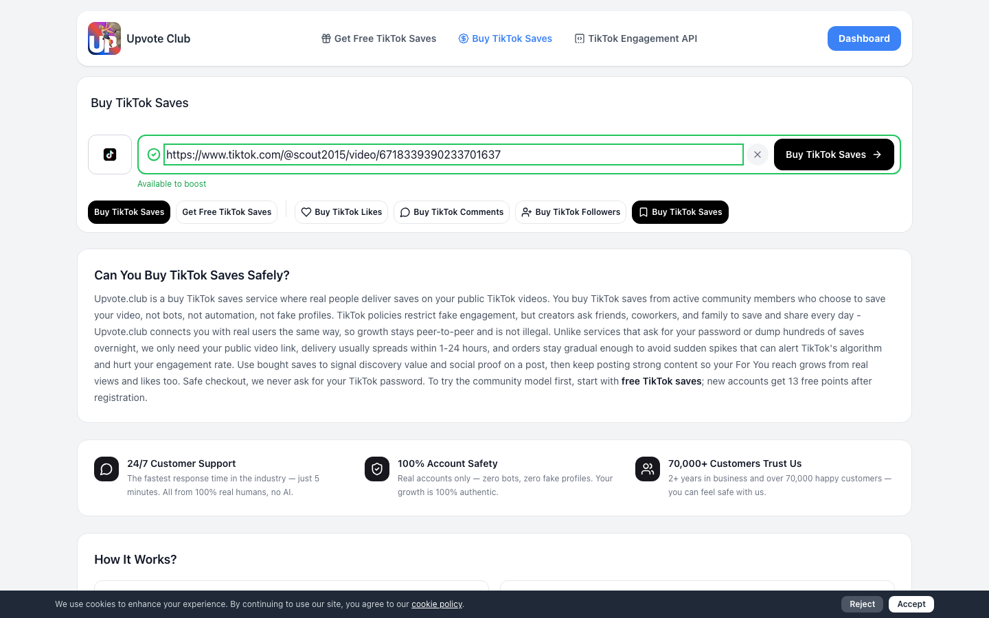 Step 1: Paste TikTok video URL on Upvote.club