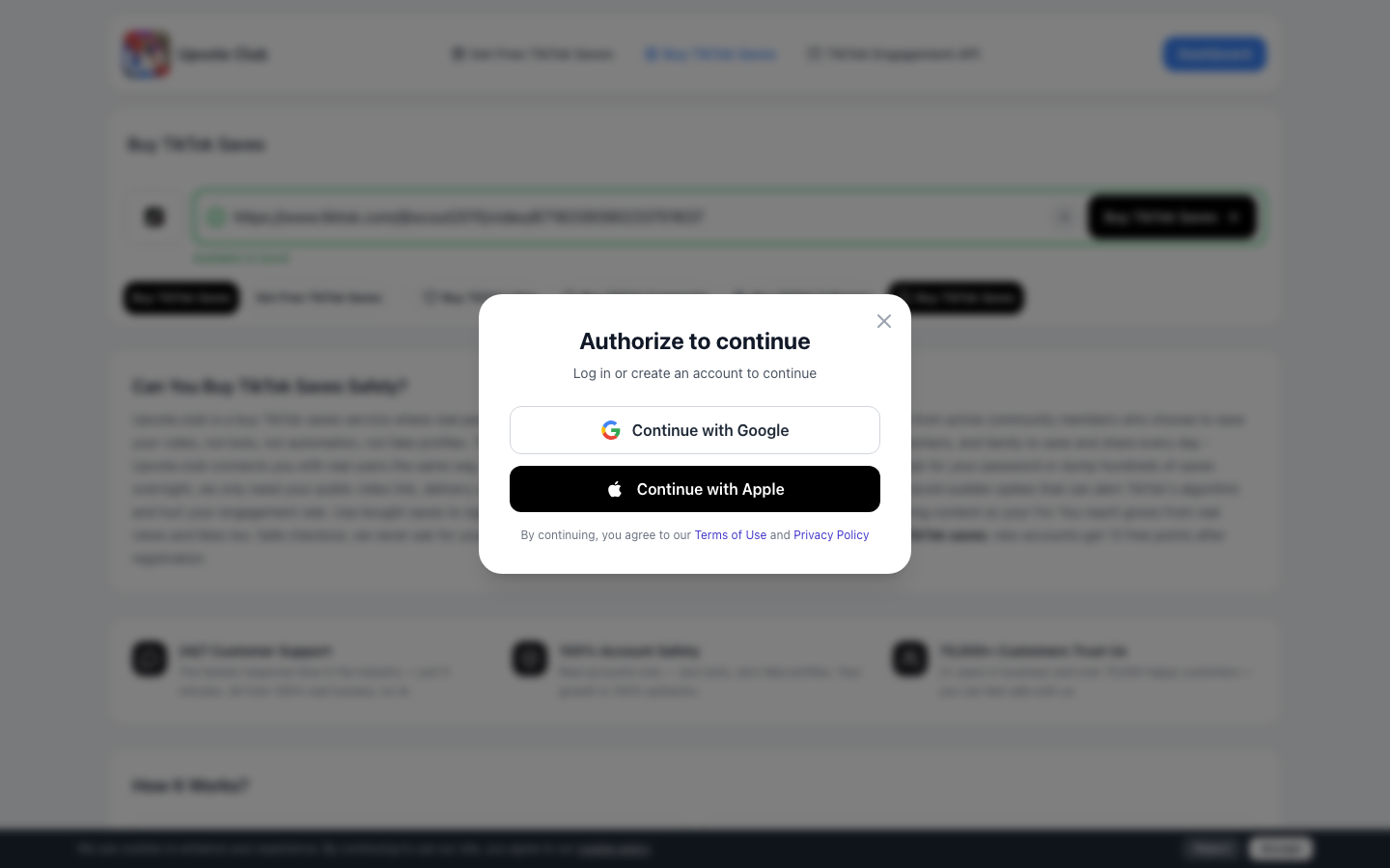 Step 2: Authorize with Google or Apple on Upvote.club