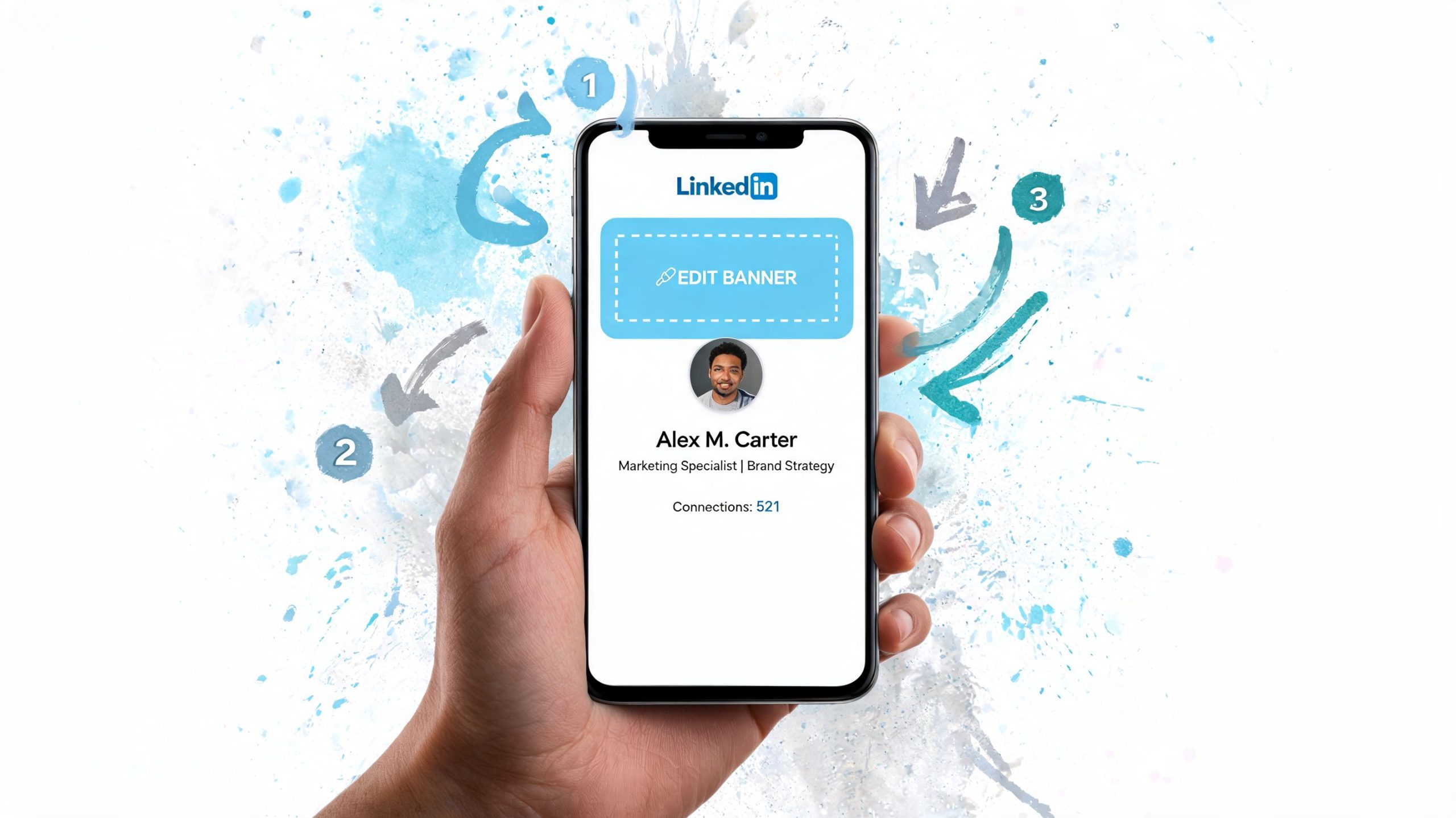 A hand holding a smartphone displaying a LinkedIn profile edit page with an edit banner prompt.