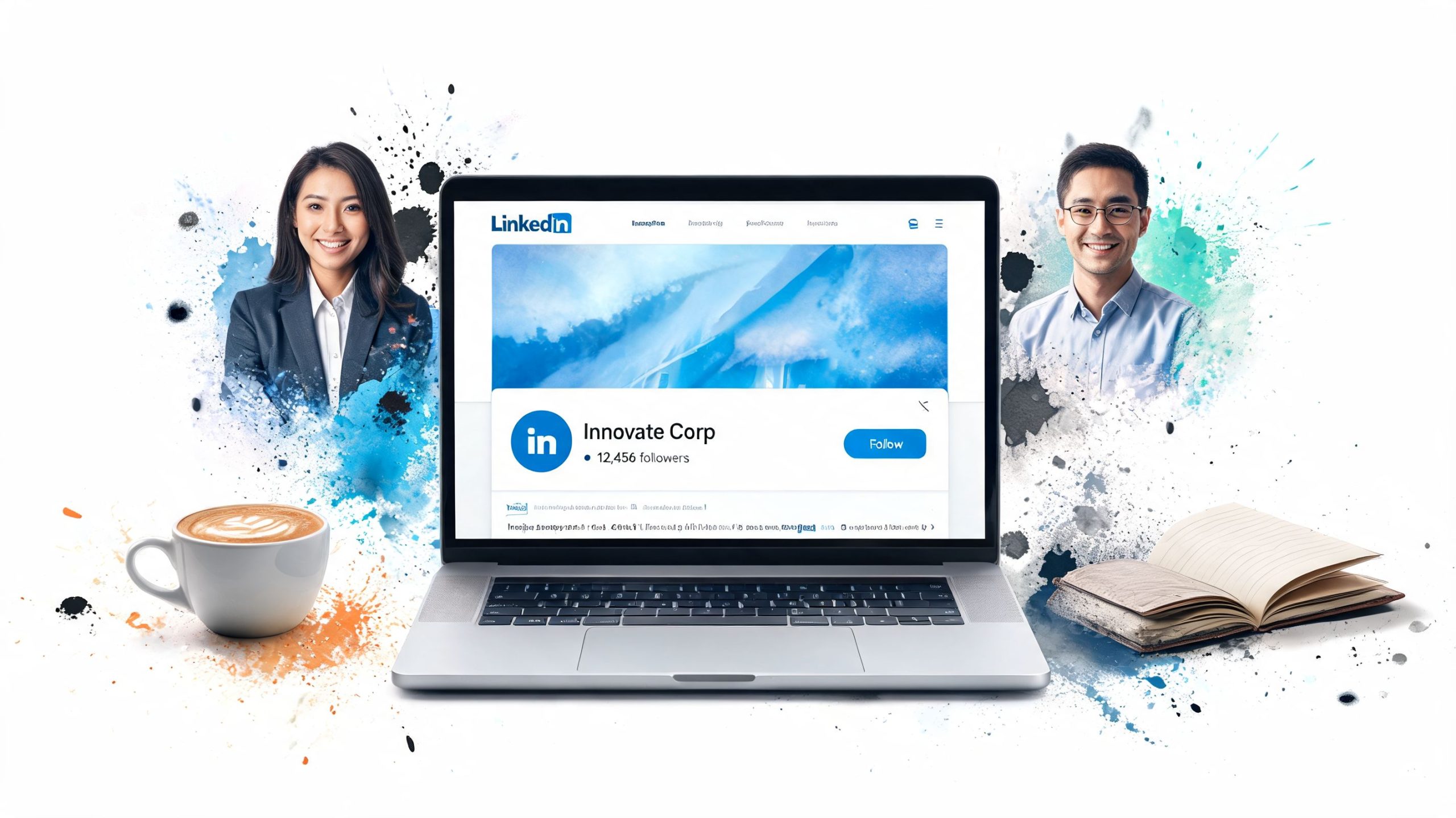 A professional laptop showing a LinkedIn business page alongside a woman, a man, coffee, and notebook.