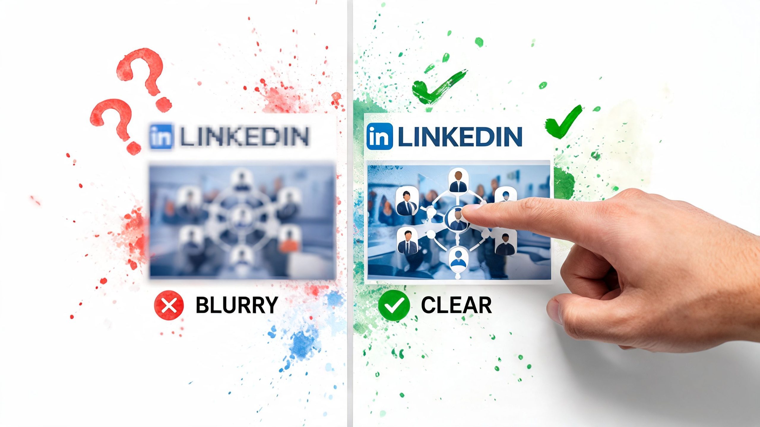A comparison image showing a blurry LinkedIn banner versus a clear, high-quality professional banner being touched.