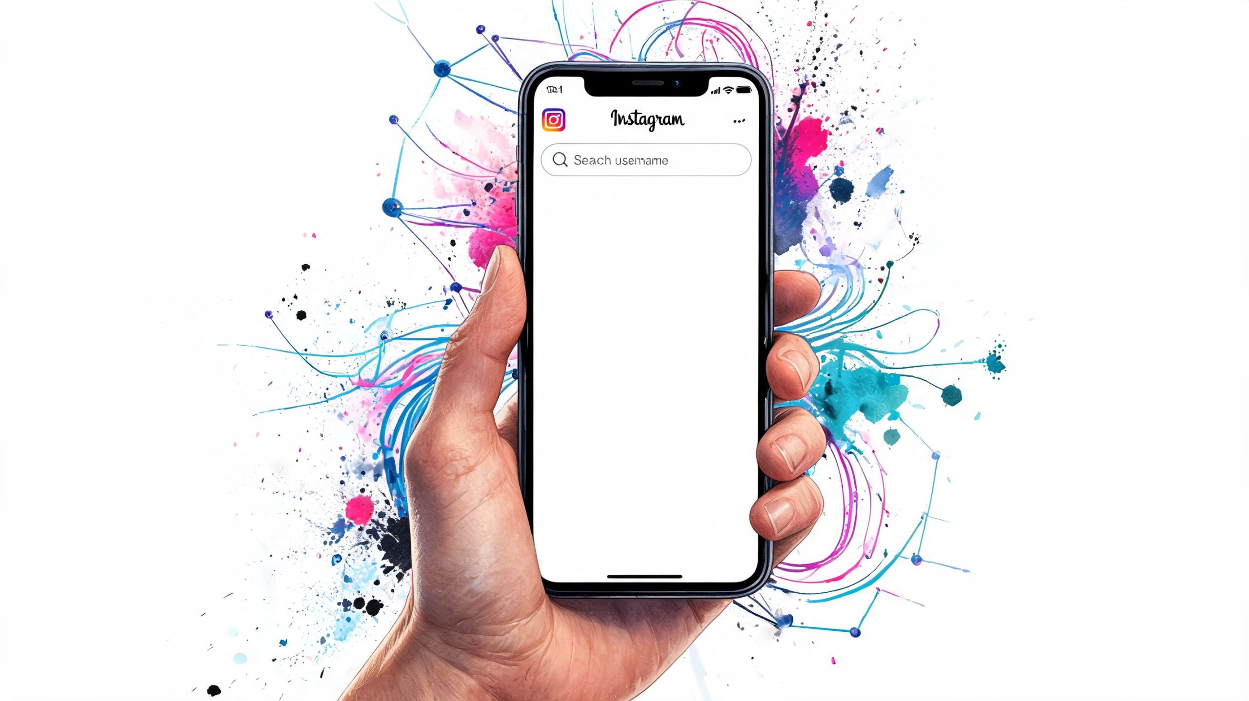 A hand holding a smartphone showing an Instagram search interface against a colorful abstract artistic background.