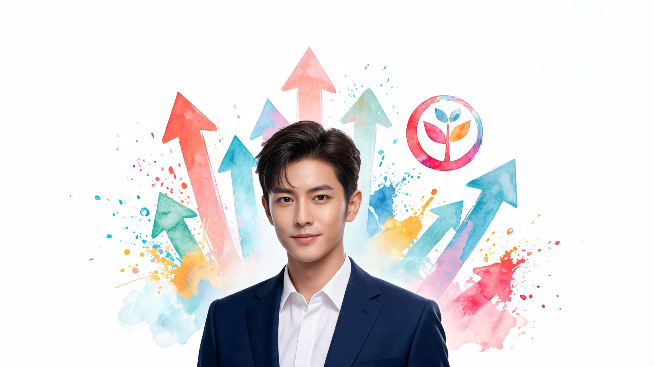 A professional man in a business suit against a background of watercolor arrows and a seedling icon.