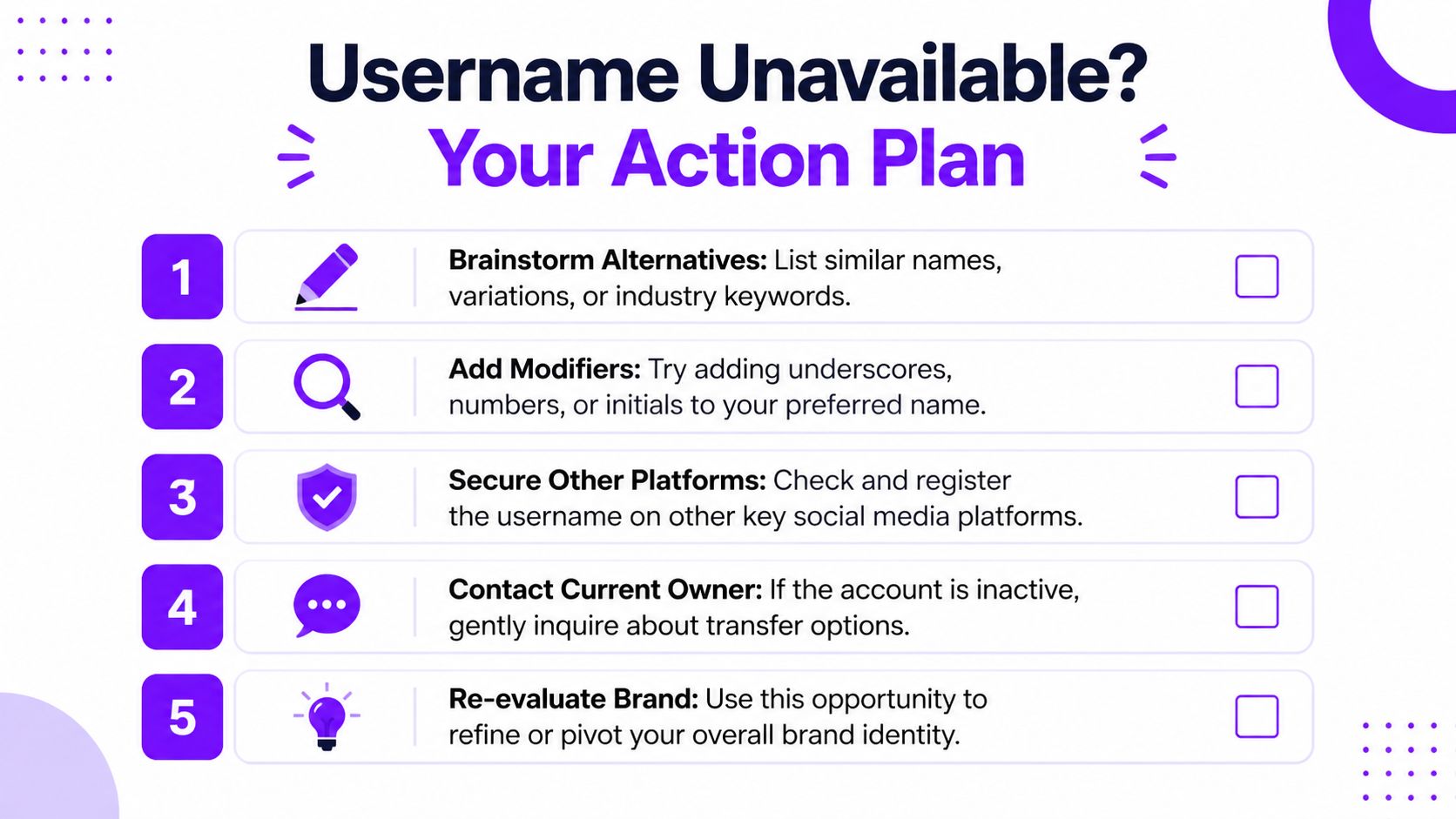 A checklist infographic titled Username Unavailable, listing five steps to take when your desired username is taken.