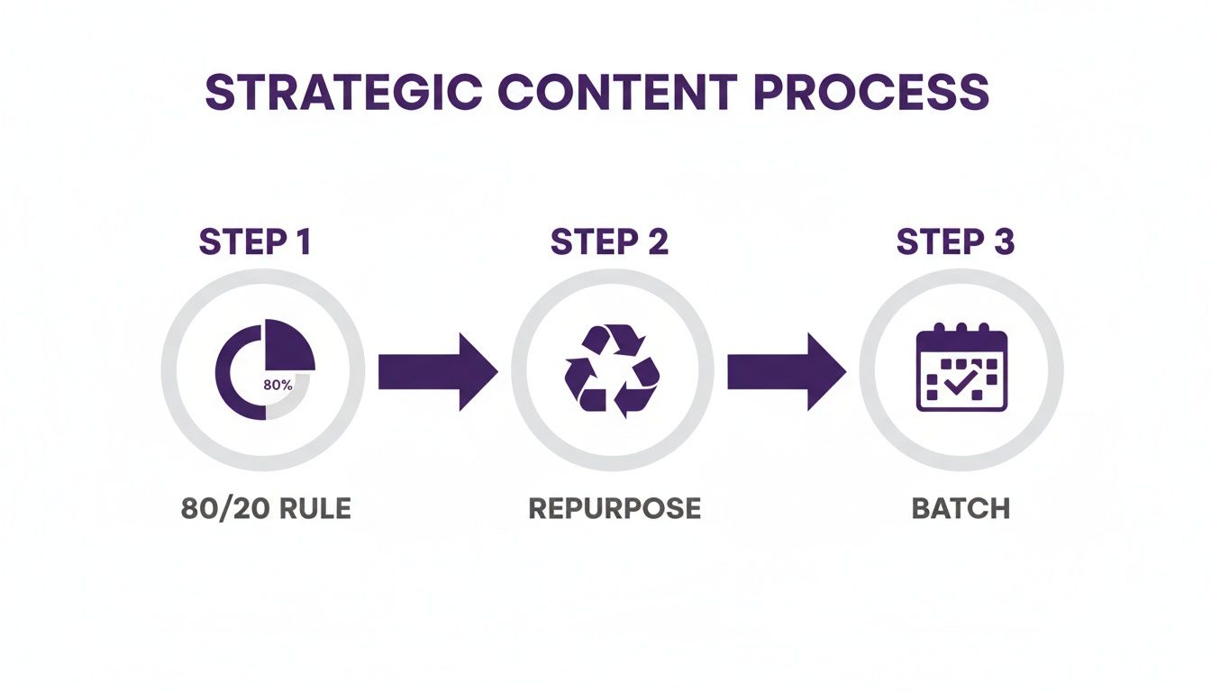 Diagram illustrating the strategic content process with steps for 80/20 rule, repurposing, and batching.