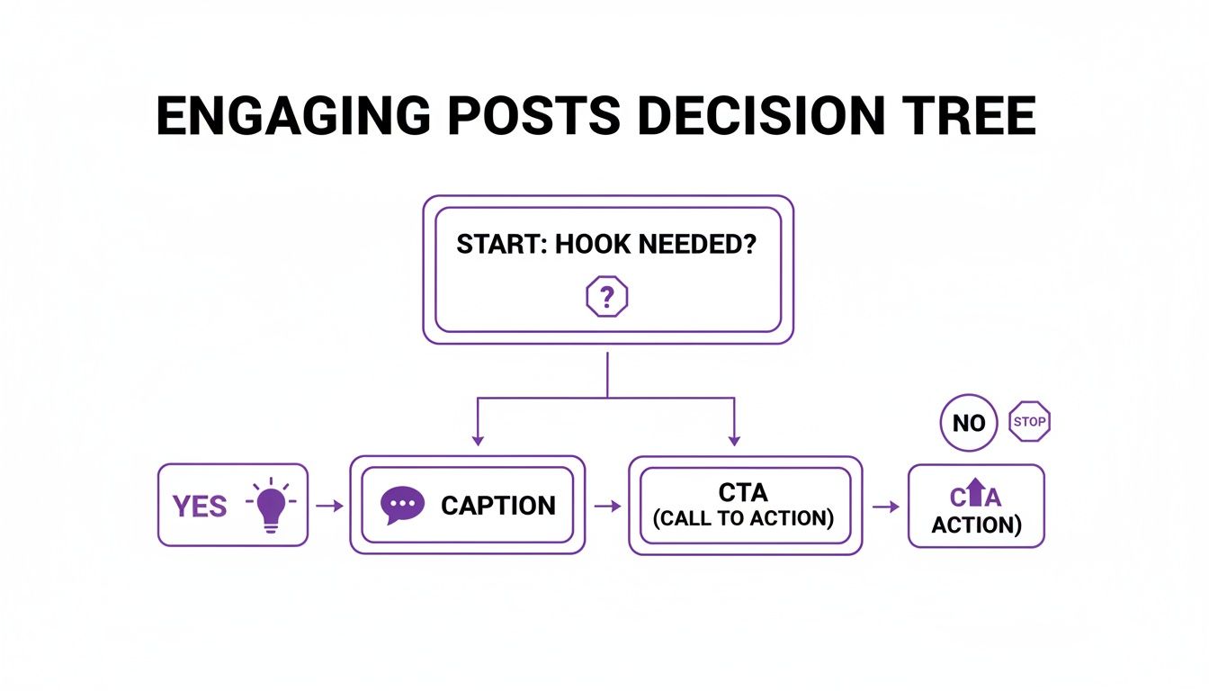 Decision tree flowchart explaining steps for creating engaging social media posts, starting with 'hook needed?'