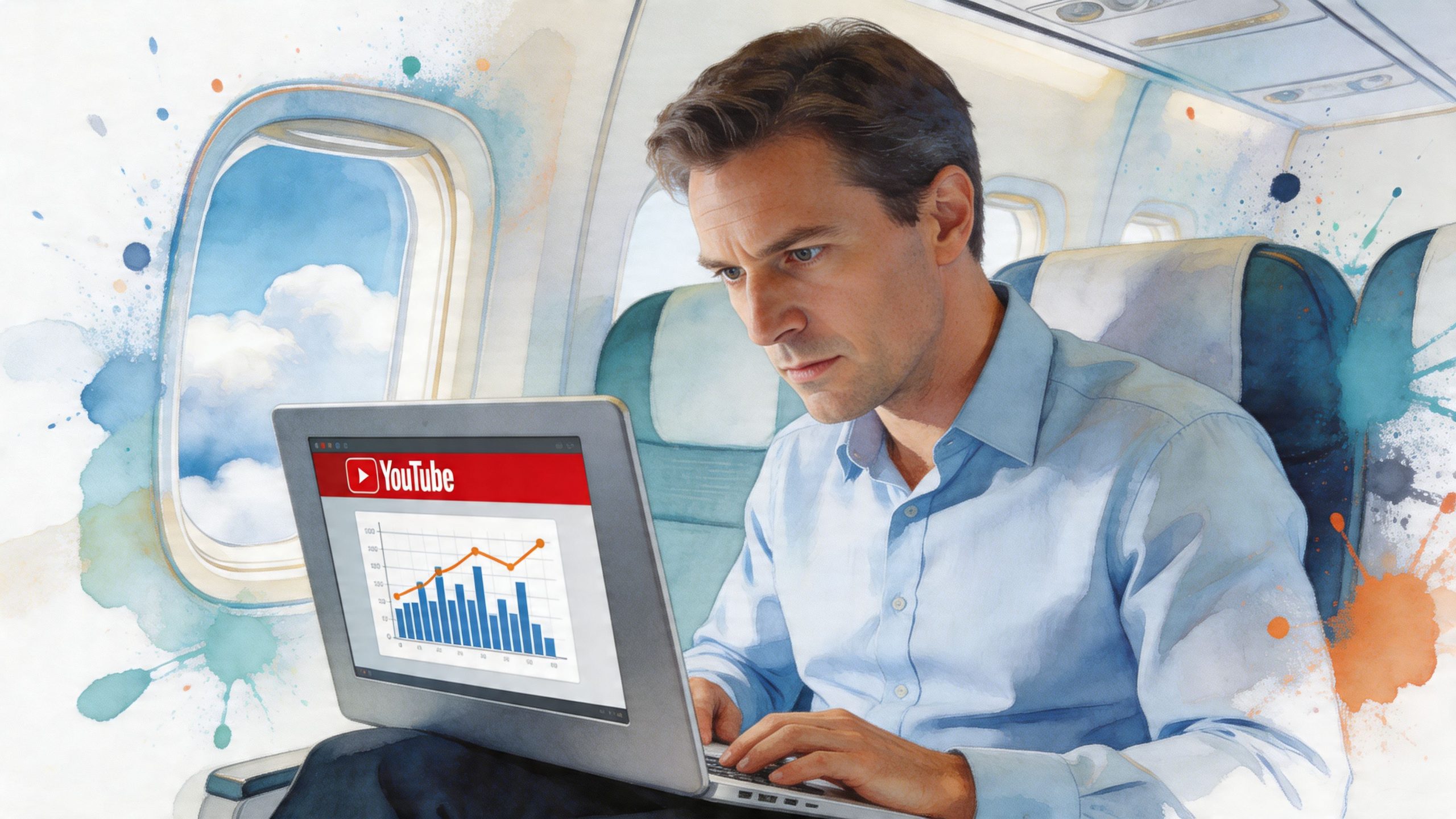 A man working on his laptop showing a YouTube statistics chart while sitting on an airplane.