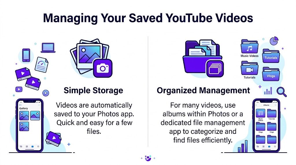An infographic showing two methods for saving YouTube videos: direct storage to gallery or categorized album management.