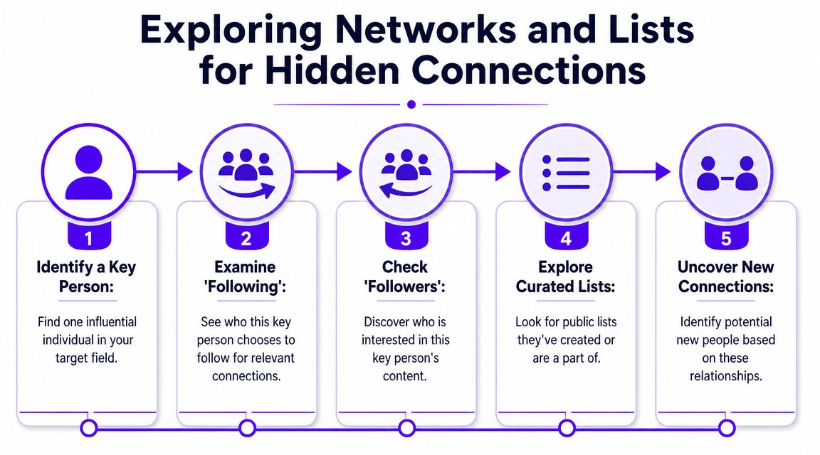 A five-step infographic showing how to find professional connections by analyzing Twitter networks and public lists.
