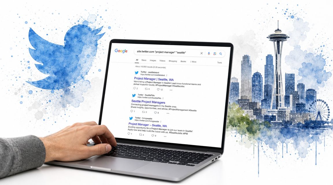 A hand using a laptop to search for Seattle project manager jobs on Twitter via Google search.