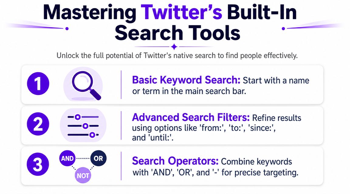 A graphic showing three steps to master Twitter search: basic keywords, advanced filters, and search operators.