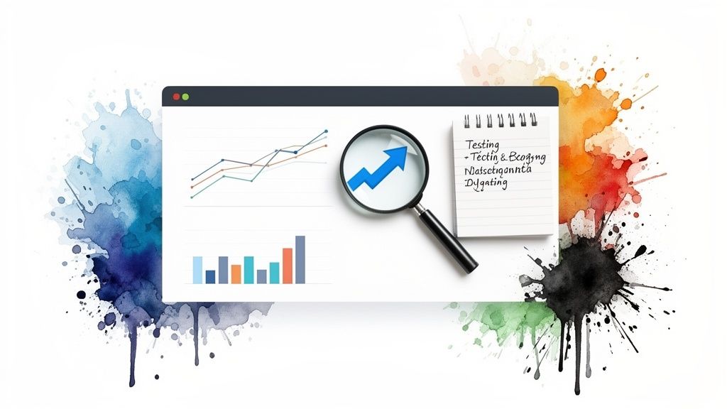A web browser displays charts, a magnifying glass highlights growth, and a notepad shows planning, against watercolor splatters.