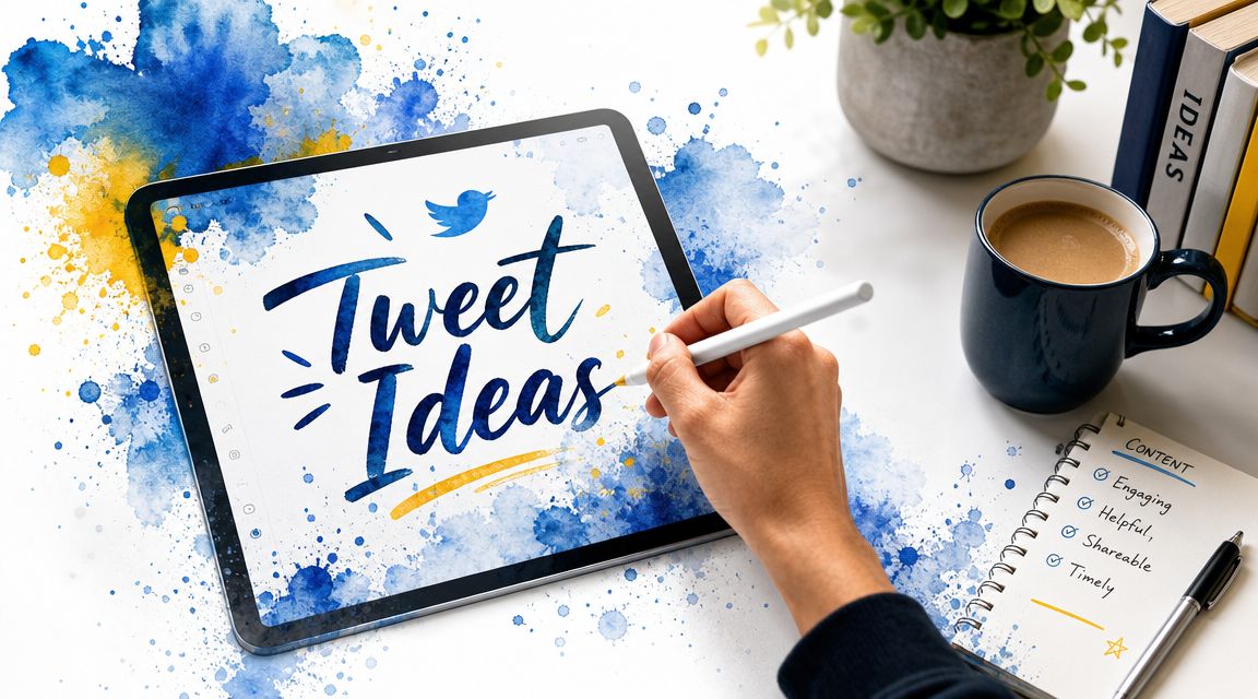 A hand using a digital pen on a tablet to write Tweet Ideas with blue watercolor background.