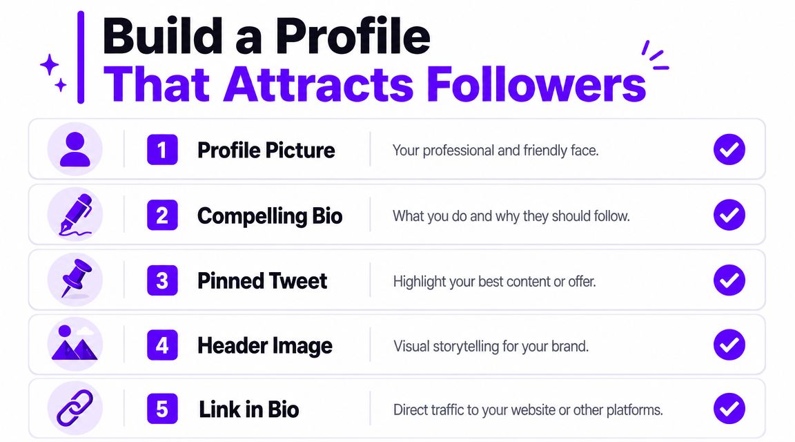 A checklist infographic titled Build a Profile That Attracts Followers with five steps for optimization.