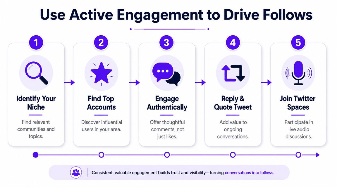 A five-step infographic guide on how to get more followers on Twitter through active social engagement.