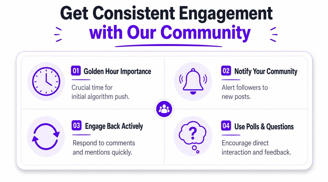 A graphic providing four strategies to increase social media engagement, including posting timing and audience interaction tips.