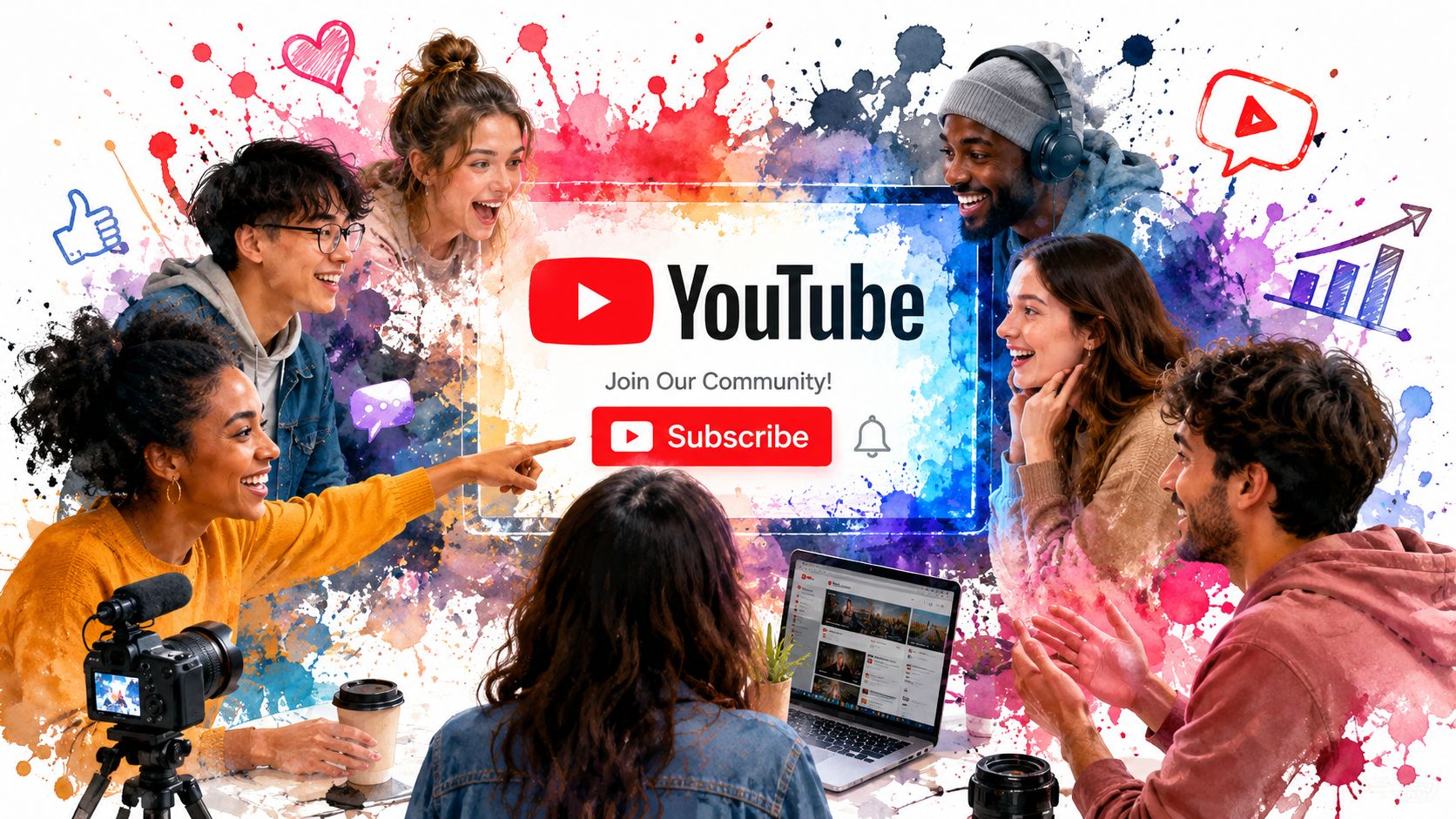 A diverse group of content creators brainstorming together while surrounded by colorful digital art and social icons.