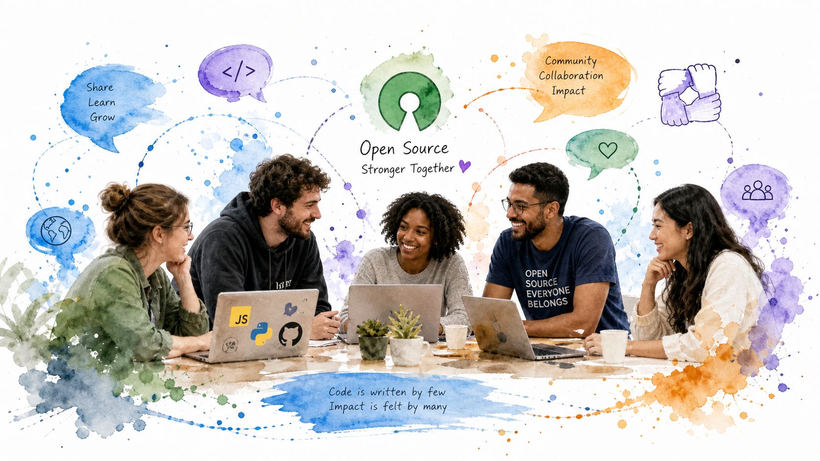 A diverse group of developers collaborating around laptops with open source branding and watercolor artistic elements.