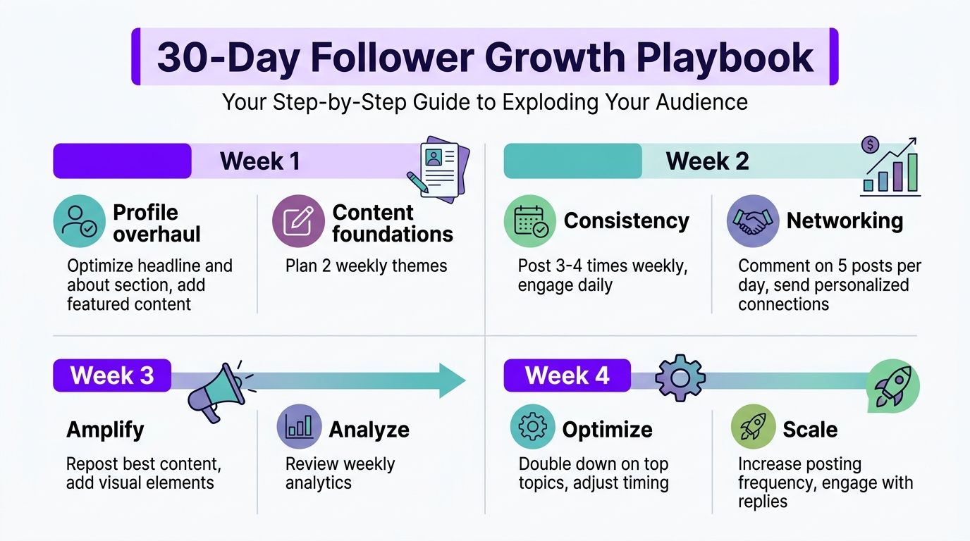 A 30-day social media growth playbook infographic detailing weekly strategies for content, consistency, networking, and scaling.