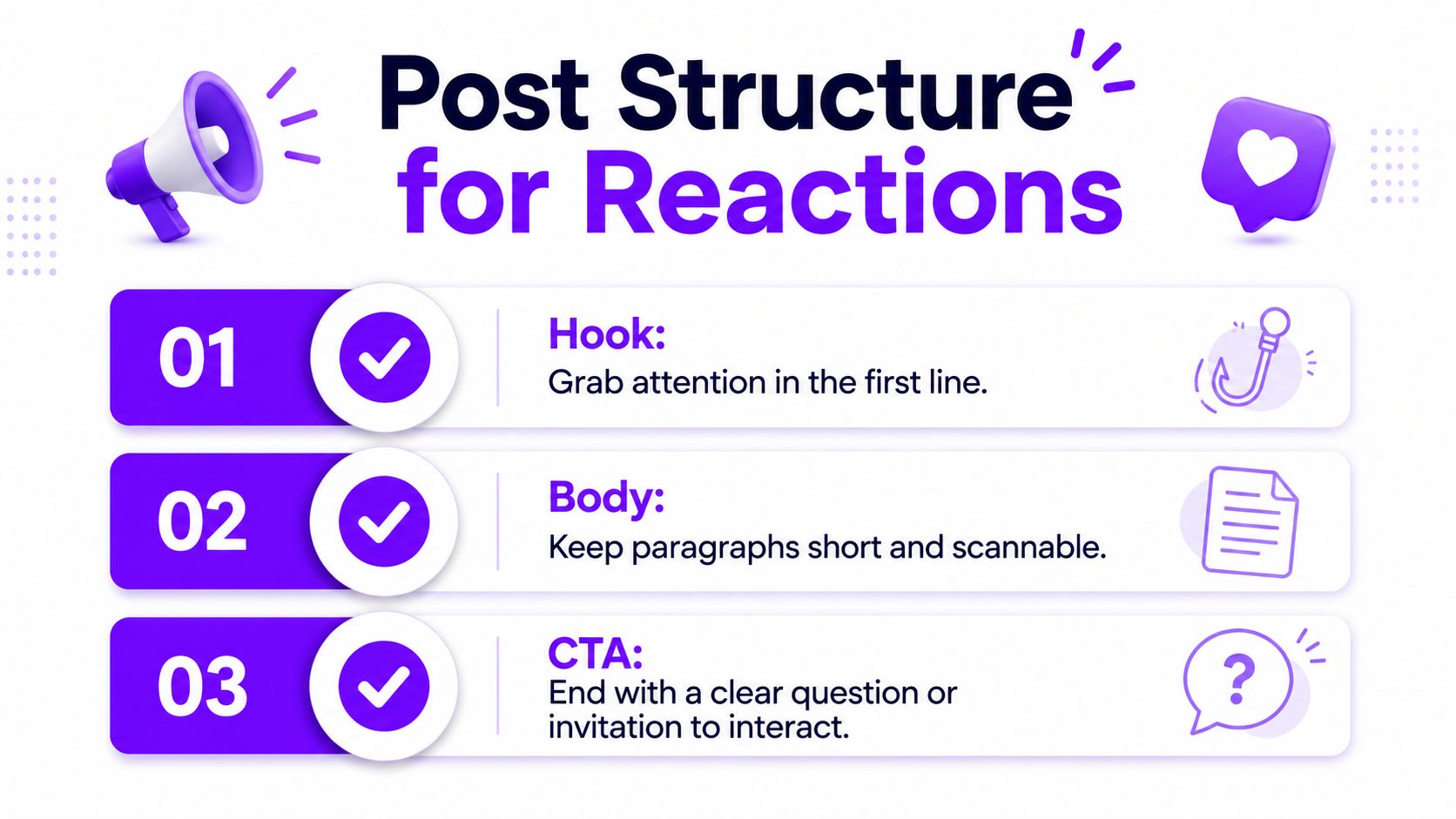 A visual guide outlining a three-step structure for creating LinkedIn posts to increase audience reactions.