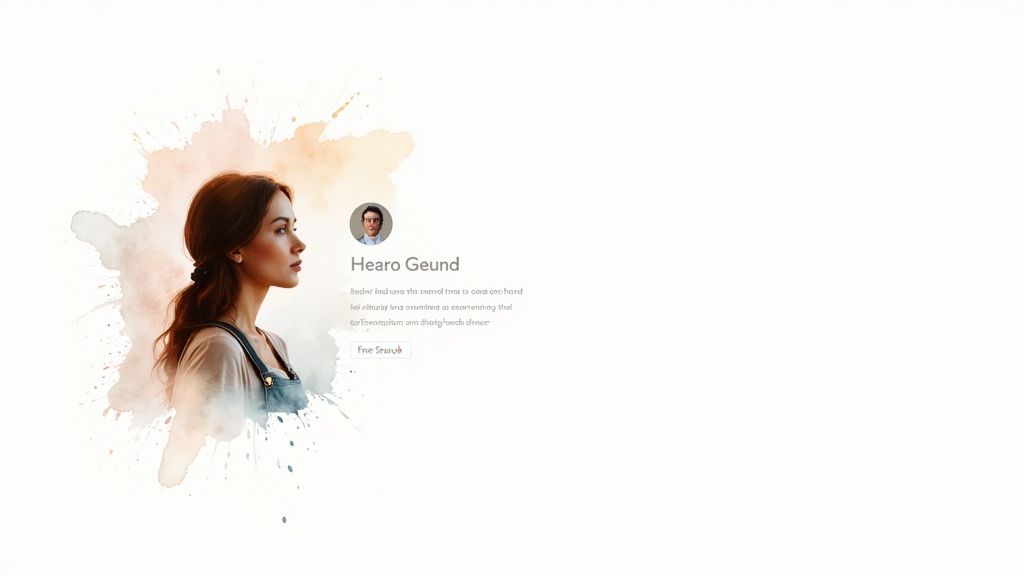 Watercolor portrait of woman in profile with testimonial card from Hearo Geund customer review