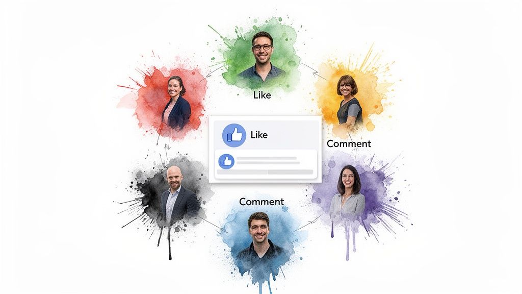 Visual representation of social media engagement with six diverse individuals and a 'Like' box.