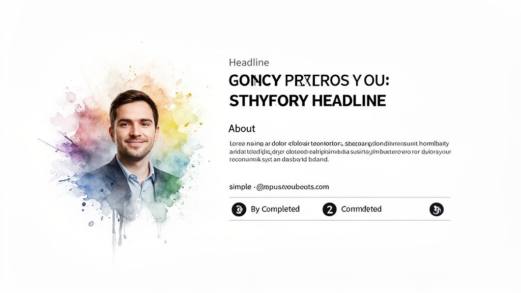A smiling man in a suit with a colorful watercolor splash background, alongside text for a professional profile.