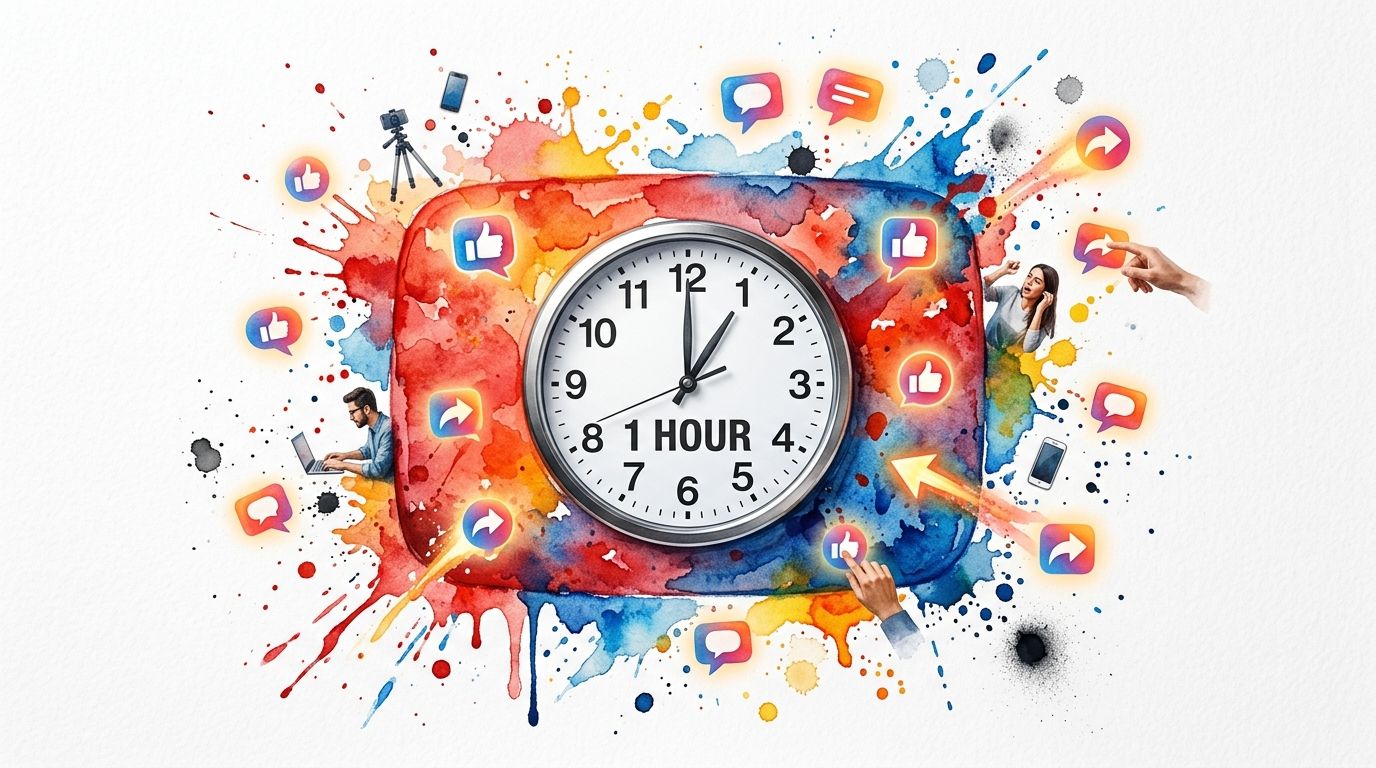 A clock surrounded by social media icons and watercolor splashes representing time management for content creation.