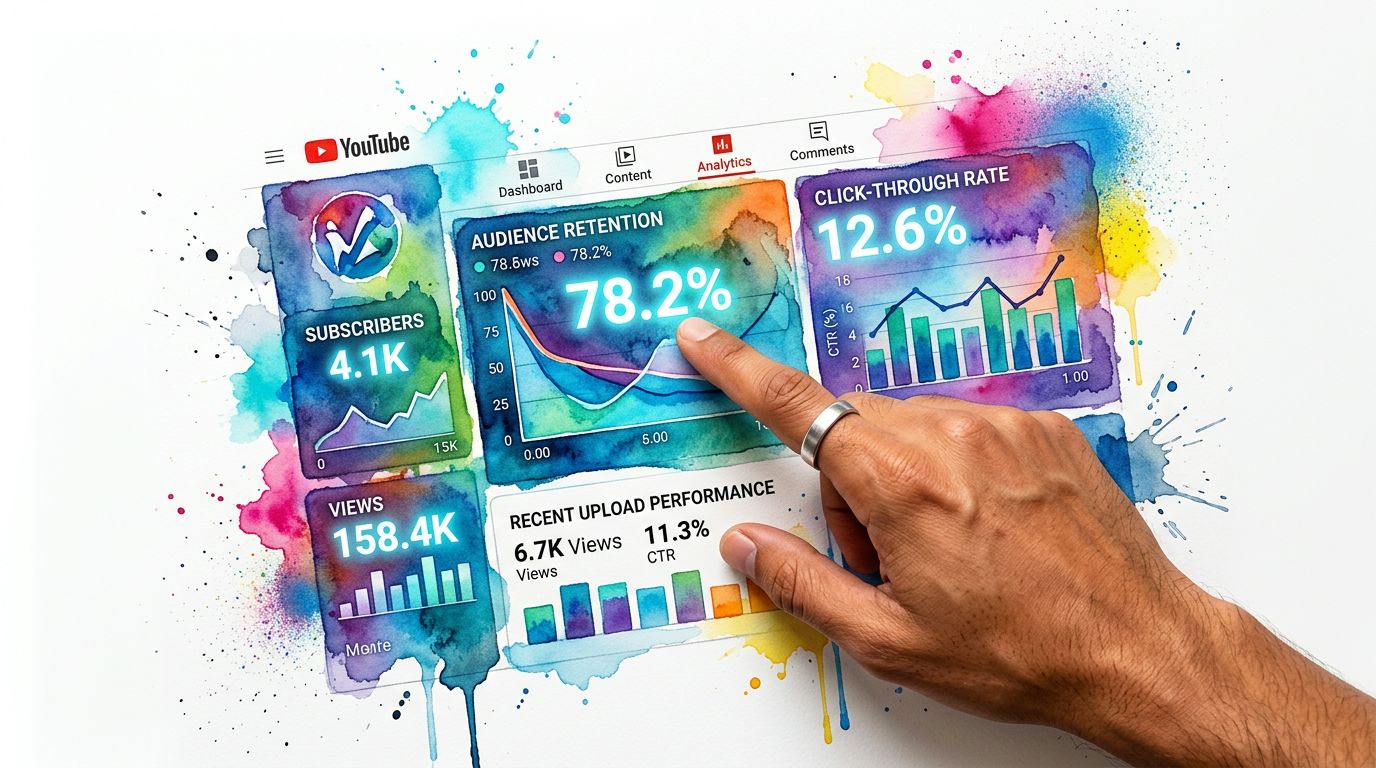 A hand interacting with a colorful digital dashboard displaying YouTube analytics performance and channel growth metrics.