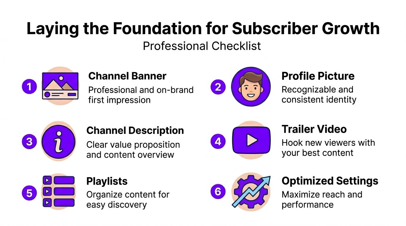 A professional checklist infographic detailing six essential steps for laying the foundation for YouTube subscriber growth.