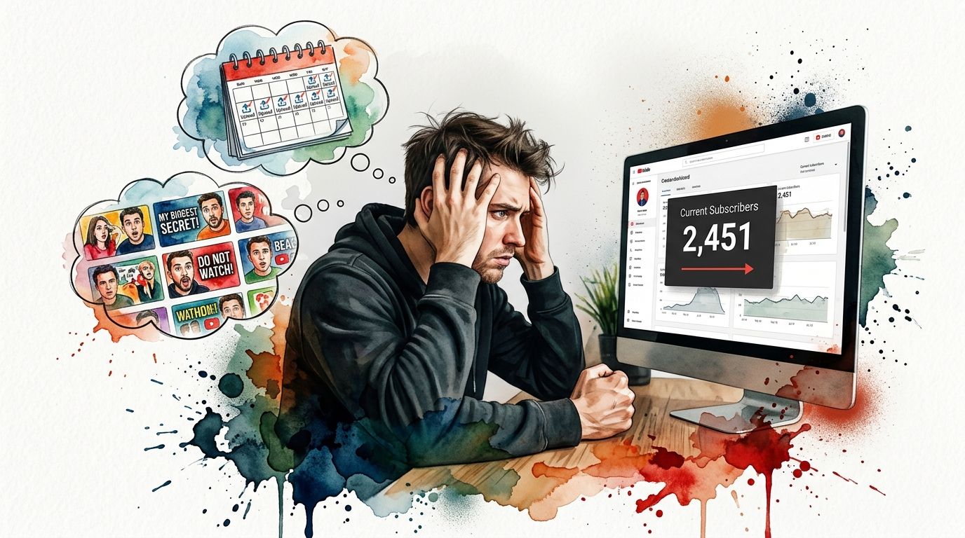 A stressed content creator looking at his YouTube analytics dashboard showing low subscriber count and heavy workload.
