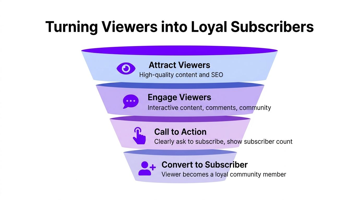 A funnel diagram illustrating the four steps to convert YouTube viewers into loyal subscribers.