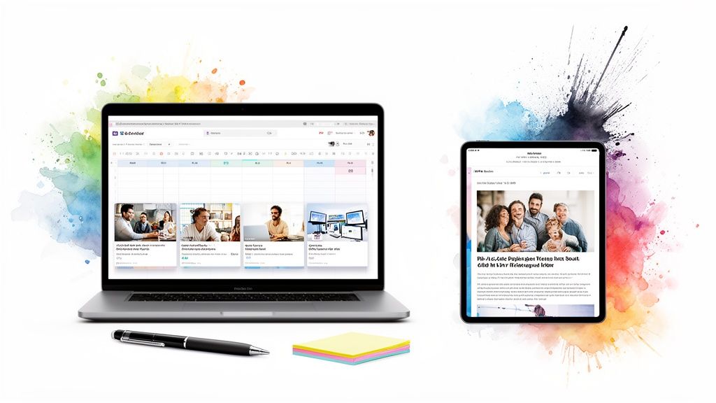 Digital workspace featuring a laptop, tablet, pen, and colorful sticky notes on a vibrant background.