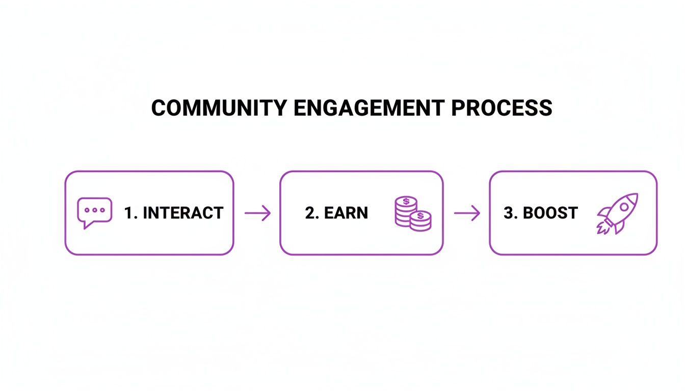 A three-step community engagement process diagram showing interact, earn, and boost stages with icons.