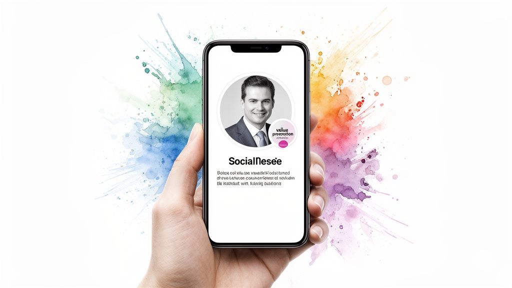 Hand holding a smartphone displaying a man's profile against a vibrant watercolor splash background.