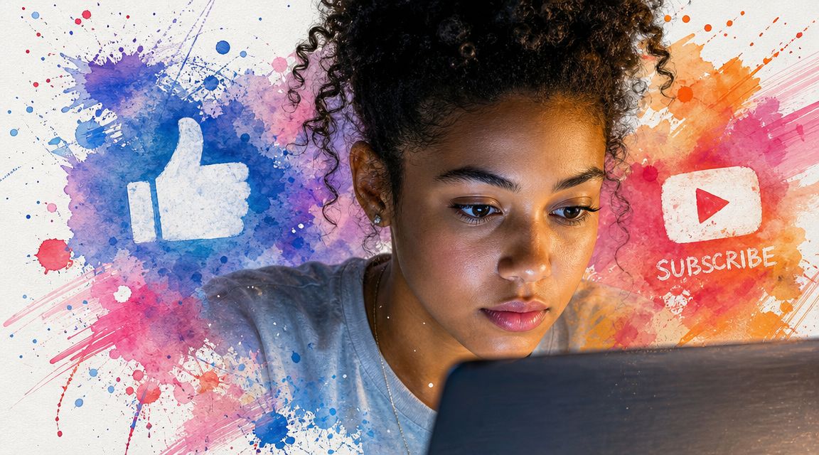 A young woman focused on her laptop screen surrounded by vibrant social media digital graphics.