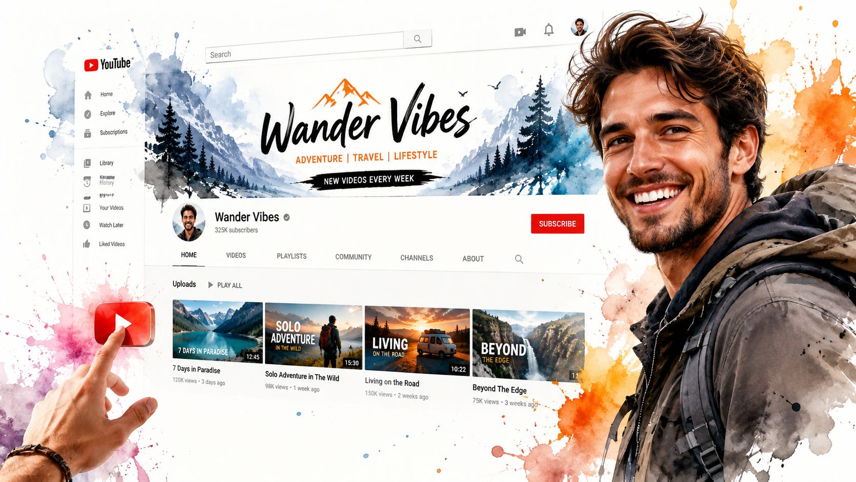 A digital creative illustration featuring a smiling man beside a YouTube channel page for Wander Vibes, encouraging subscriber growth.