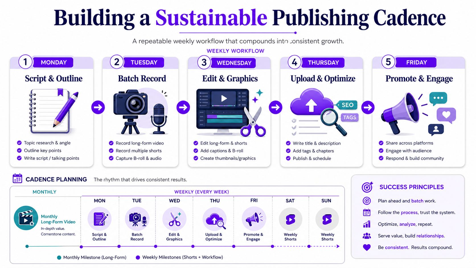 A strategic infographic outlining a sustainable five-day weekly content creation workflow for consistent growth and audience engagement.