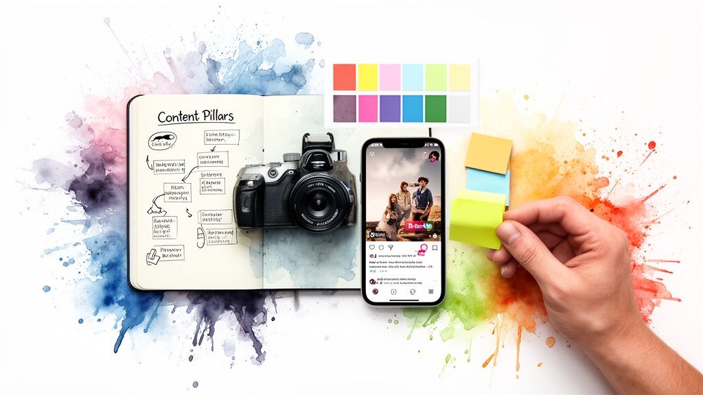 Creative content strategy flat lay with camera, phone, notebook, and sticky notes for social media marketing.