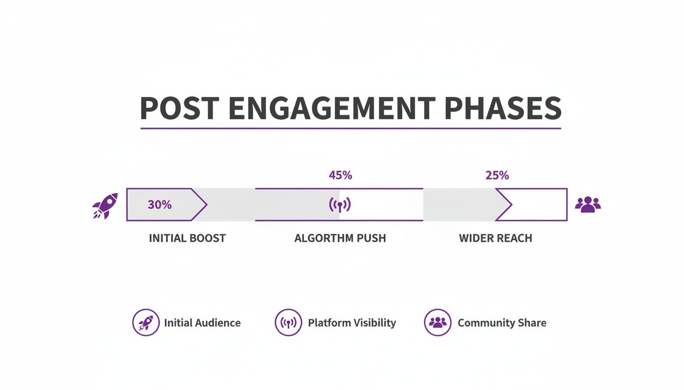 Diagram illustrating three post-engagement phases: Initial Boost (30%), Algorithm Push (45%), and Wider Reach (25%).